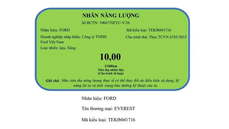 Thông số tiêu hao nhiên liệu mới trên xe Ford Everest.